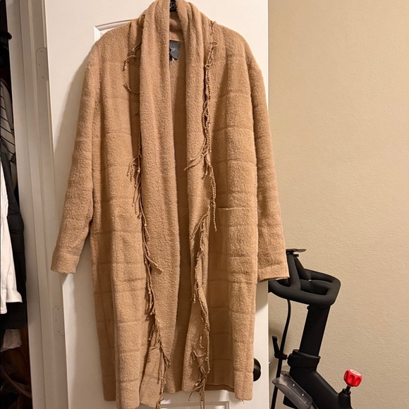LYSSE Alice Fringe Sweater Coat Macaroon Plaid Cardigan Shawl Jacket - Picture 3 of 9